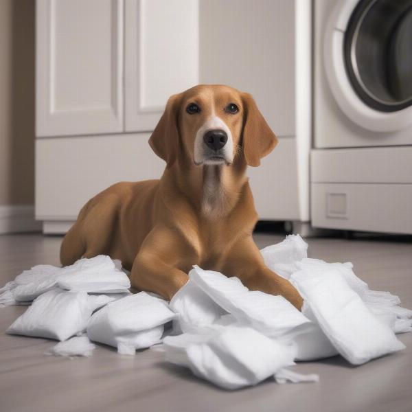 Dog near dryer sheets