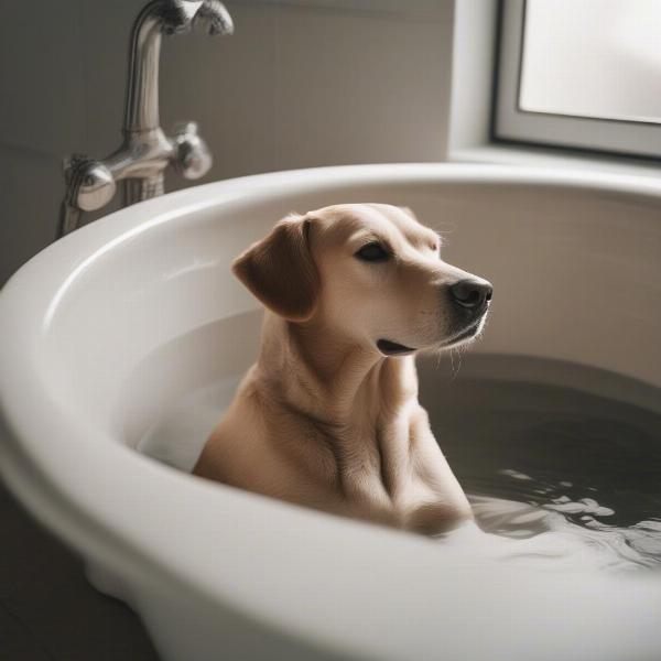 Dog taking an oatmeal bath