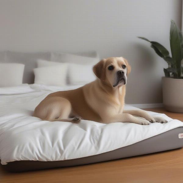 Dog on a comforter with a removable cover: A dog comfortably resting on a bed with a comforter and a removable, washable cover.