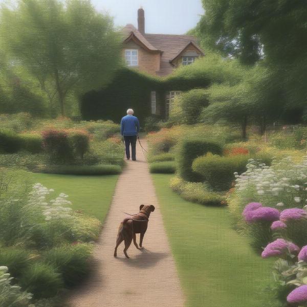 A dog on a leash exploring the grounds of a dog-friendly B&B, demonstrating responsible pet ownership while traveling.