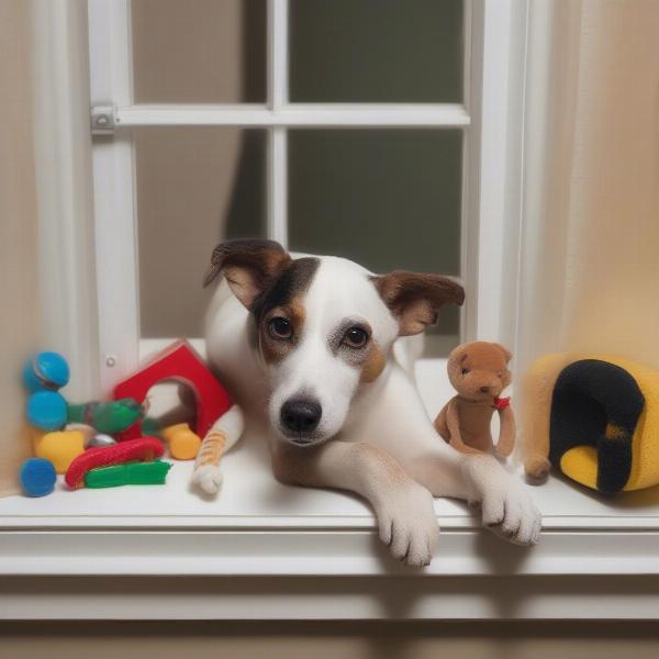 Dog on Window Seat with Toys