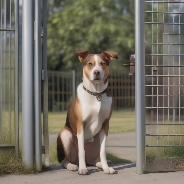 Dog standing by a metal gate leading to the outside.