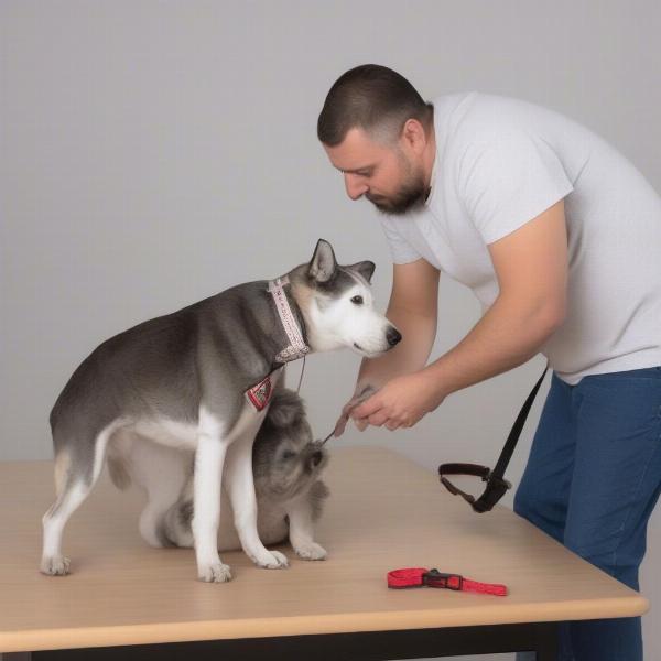 Dog owner properly fitting a head collar