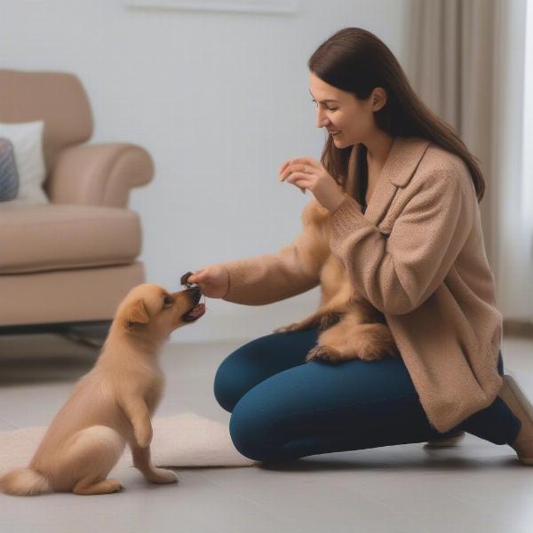 Dog owner training puppy with positive reinforcement