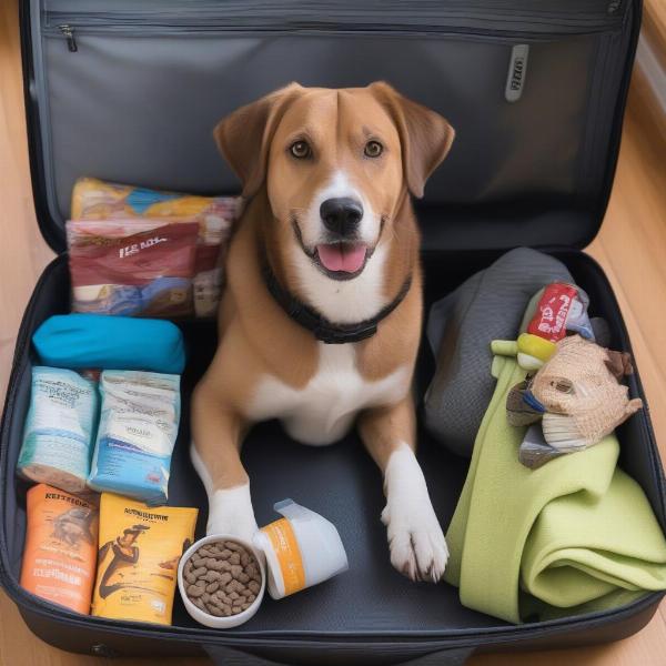 Packing for a dog-friendly B&B: A suitcase with dog essentials like food, bowls, leash, toys, and a blanket.