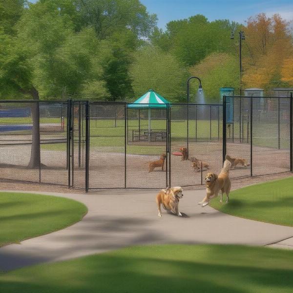 Fenced dog park area in Amherst NY with dogs playing