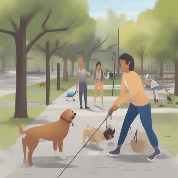 Dog owners practicing responsible dog park etiquette