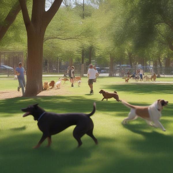 Dog parks in Cleveland Ohio: A panoramic view of a bustling dog park with various breeds playing and interacting.