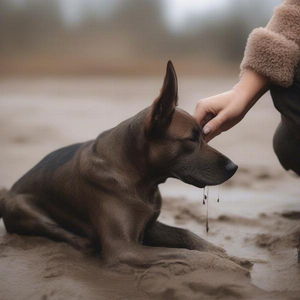 Dog paw wipes being used to clean a muddy paw