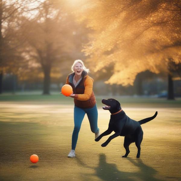 Dog playing fetch with a silent squeak ball