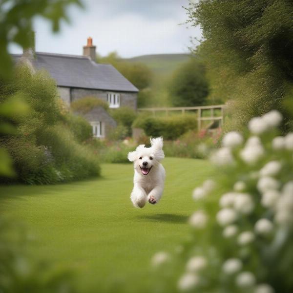 Dog playing safely in an enclosed garden in Wales