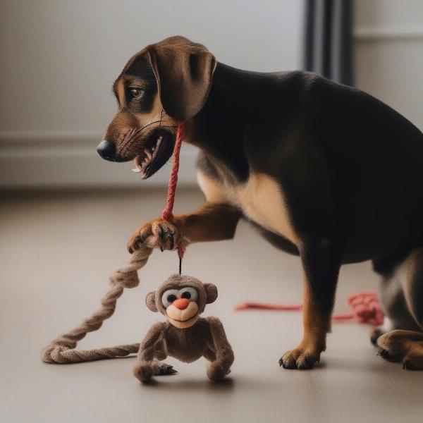 Dog playing safely with a monkey toy