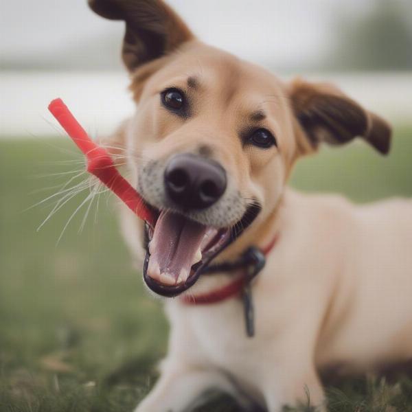 Dog playing with a chew toy as a distraction