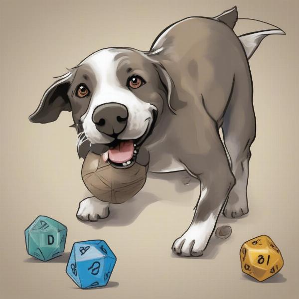 A dog happily playing with a d20 dog toy.