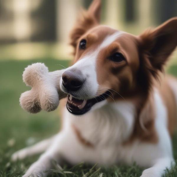 Dog Enjoying a Stuffed Bone Toy