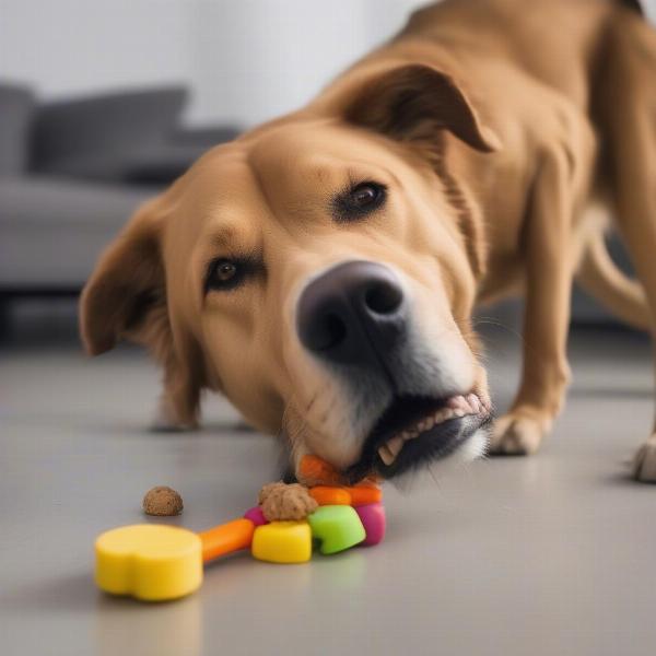 A dog engaged with a treat-dispensing chew toy.