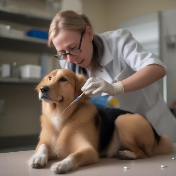 Veterinarian administering deworming medication to a dog