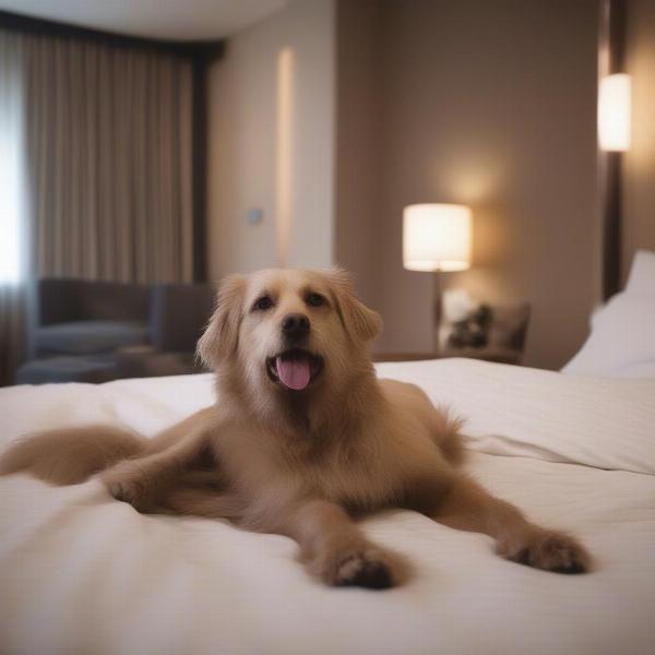 Dog relaxing in a dog-friendly hotel room.