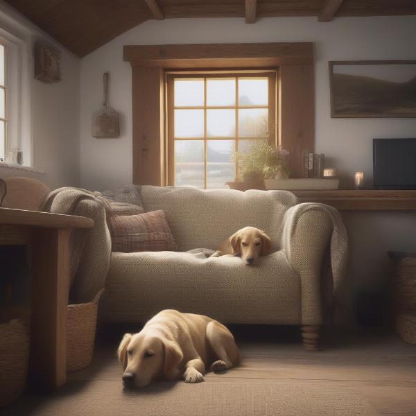 A dog relaxing on a dog bed inside a cozy St Ives cottage.