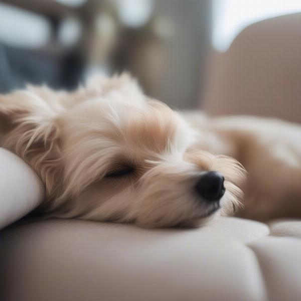 A happy dog relaxing on its chaise lounge