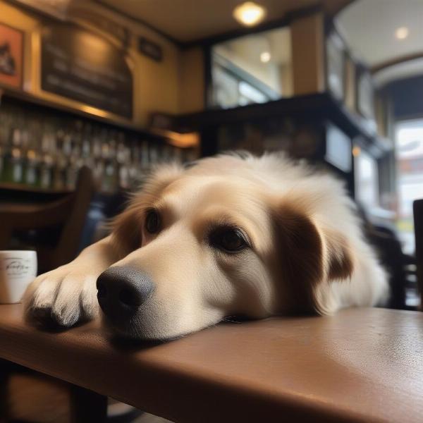 Dog relaxing under a pub table in Lytham St Annes