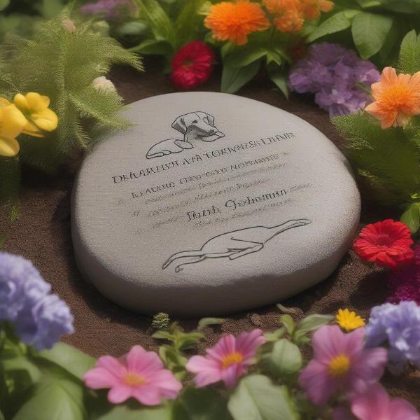 Dog remembrance stone placed in a garden setting