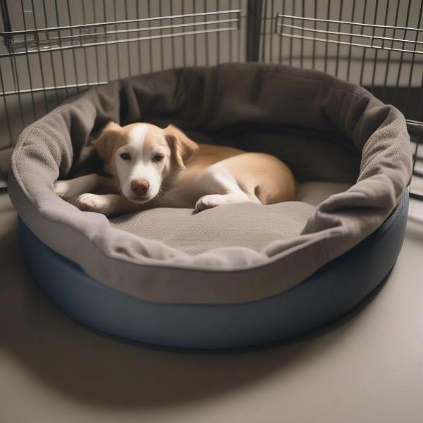 A dog resting comfortably in its kennel at a dog boarding facility in Traverse City.