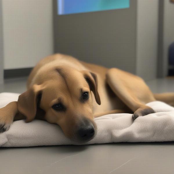 A dog resting comfortably after playtime at a dog daycare