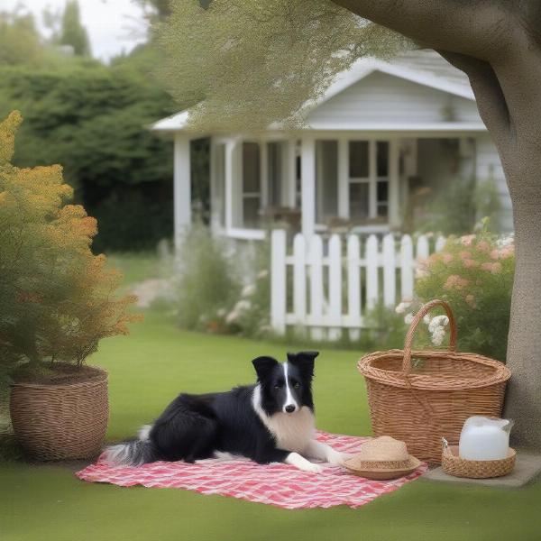 A dog relaxes in the garden of a Dorset cottage.