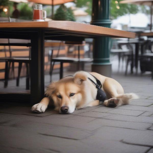 Dog resting under table at a Portland restaurant