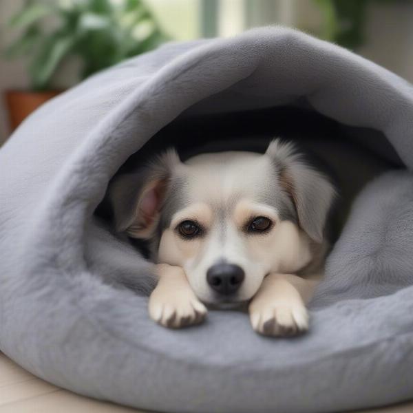 Dog seeking shelter in a cave bed