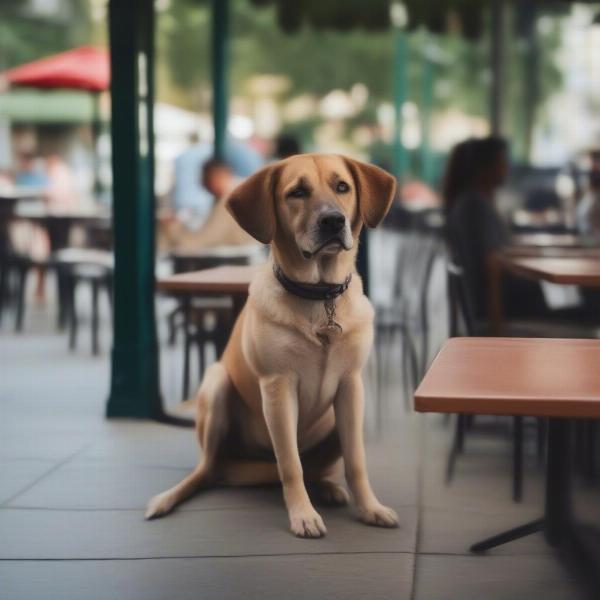 Dog waiting patiently at an outdoor restaurant table.