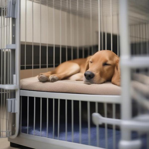 Dog sleeping comfortably in its kennel at a Lakewood Ranch dog boarding facility