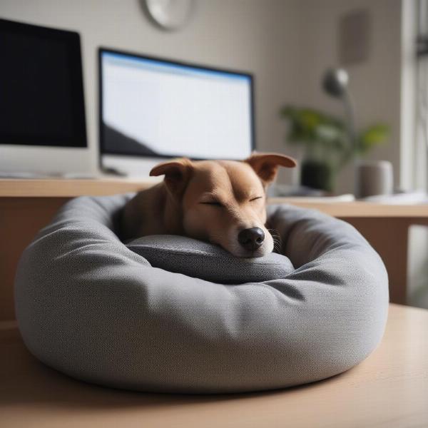 Dog sleeping peacefully in a dog bed next to an office desk