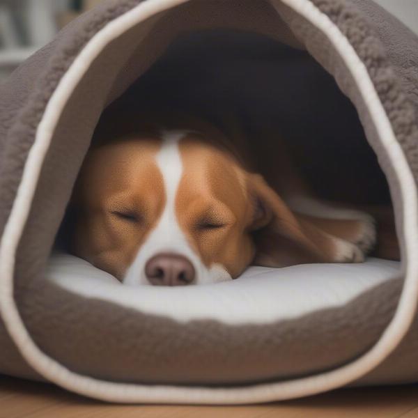 Dog sleeping peacefully in a snuggle dog bed cave