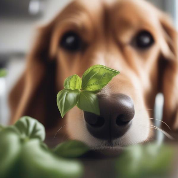 A dog sniffing fresh basil leaves