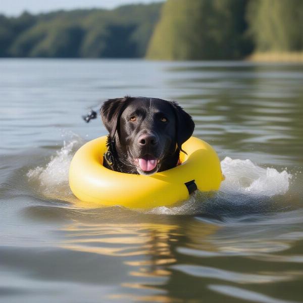 Dog swimming with a tube in a lake