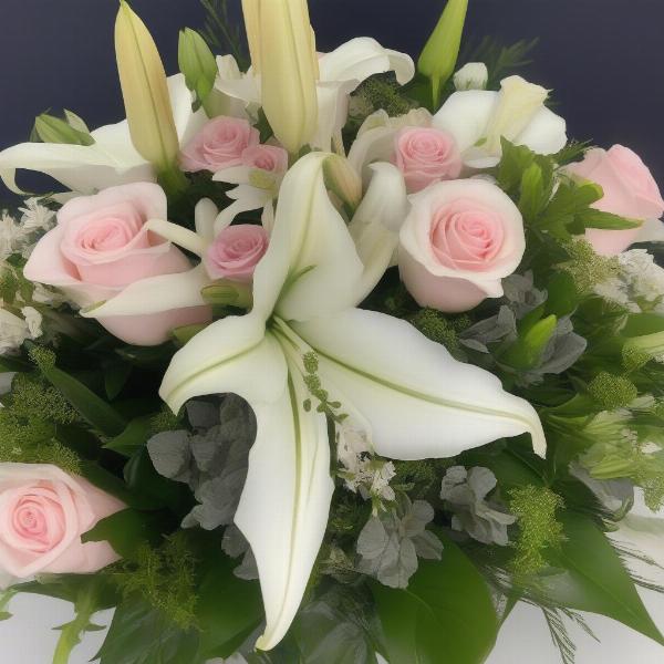 Dog sympathy flower arrangement with lilies and roses.