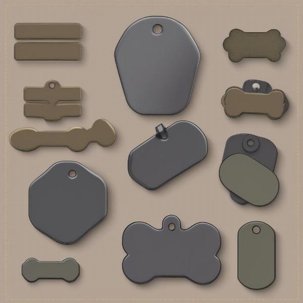 Various shapes and sizes of dog tag blanks including round, bone-shaped, and military style.