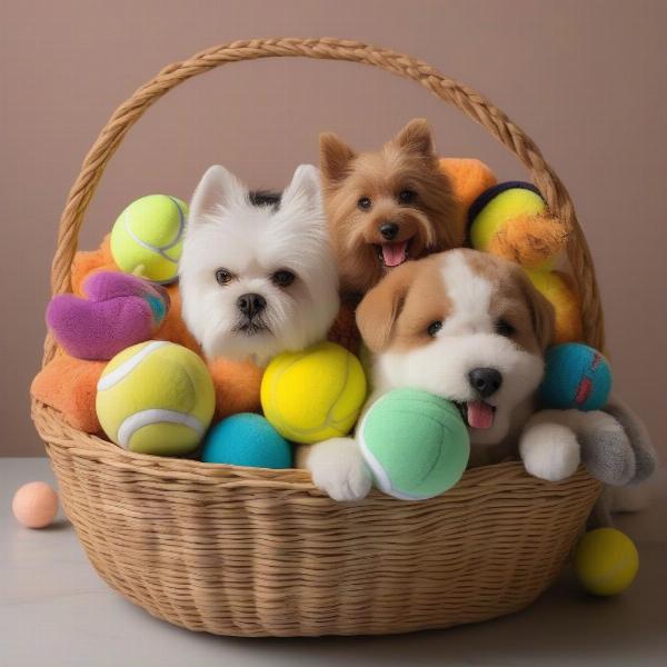 Dog toys and treats in a gift basket