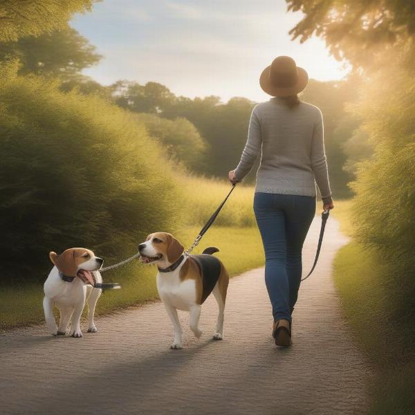 A dog owner practicing loose-leash walking with their dog in Annapolis.