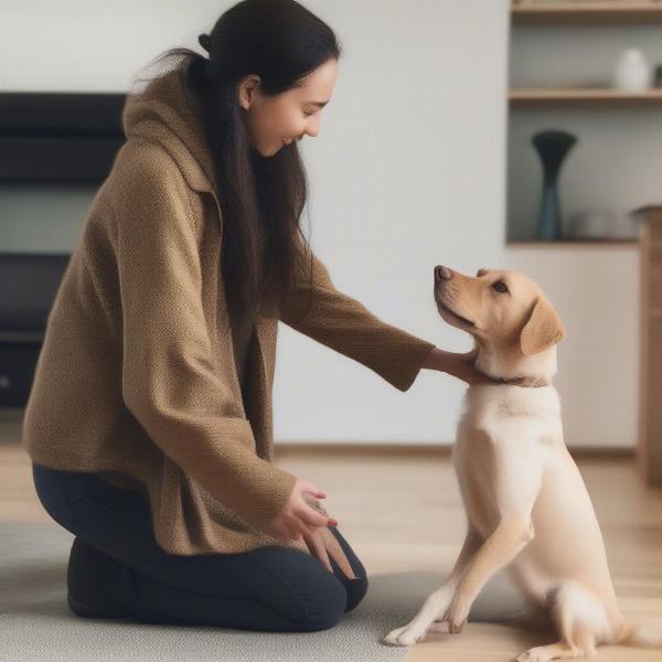 Dog training with positive reinforcement: A dog owner using positive reinforcement techniques, offering a treat to a dog during a training session.