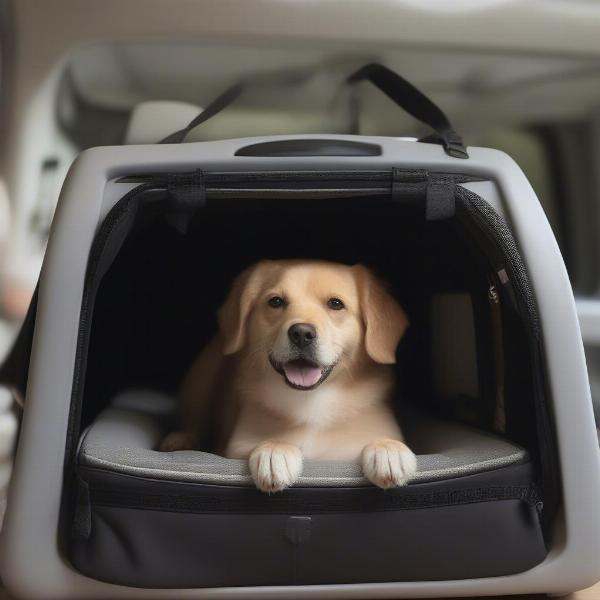 Dog traveling comfortably in a pet carrier