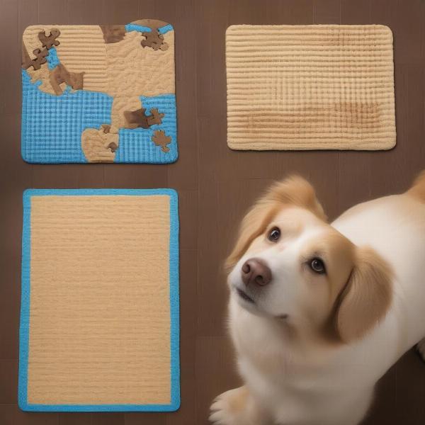 Dog treat mats suitable for different life stages: a puppy playing with a soft mat, an adult dog engaged with a puzzle mat, and a senior dog enjoying a lick mat.