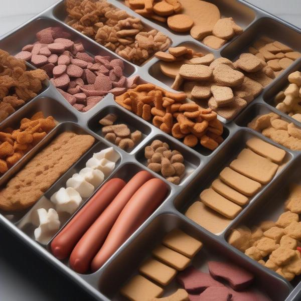 Dog treats arranged in a hot dog tray