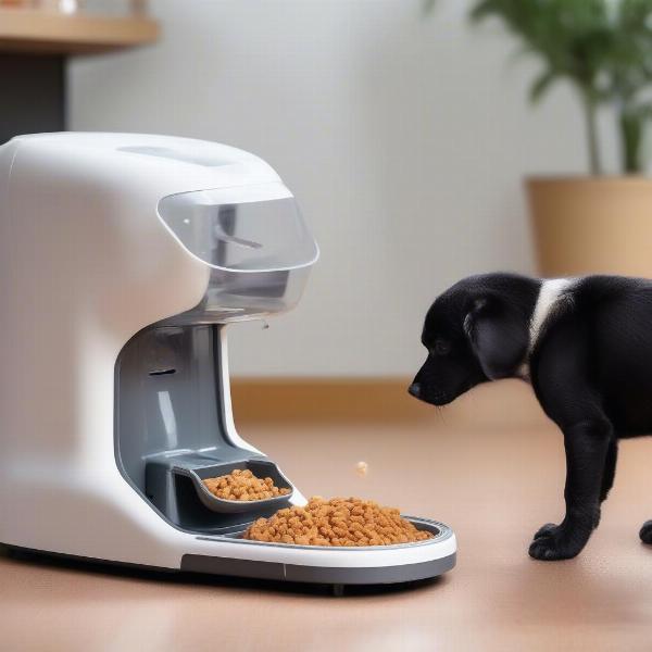 Dog eating from an automatic feeder