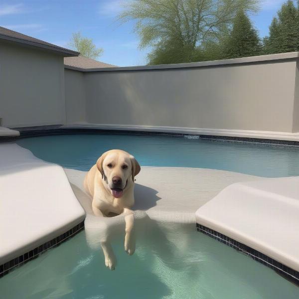 Dog using pool stairs in an in-ground pool