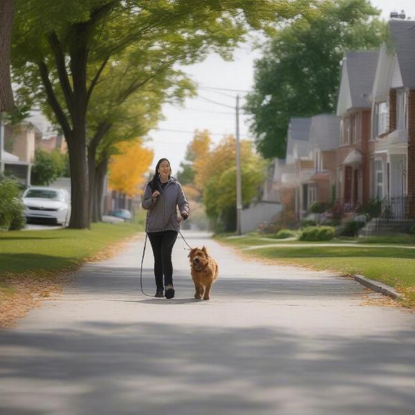 Dog walker walking a dog on a leash in Etobicoke