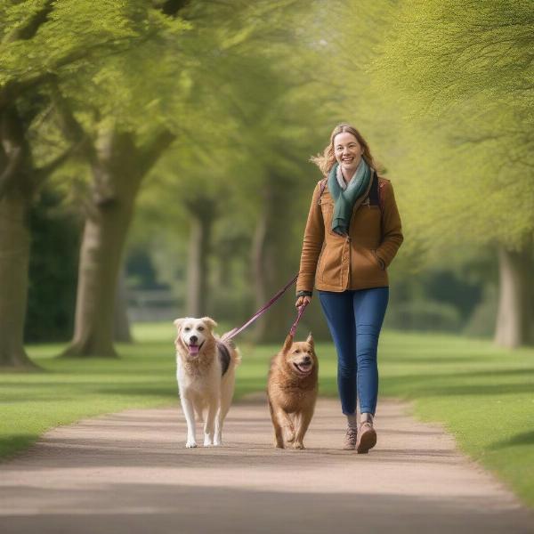 Dog walker with a happy dog in a Milton Keynes park