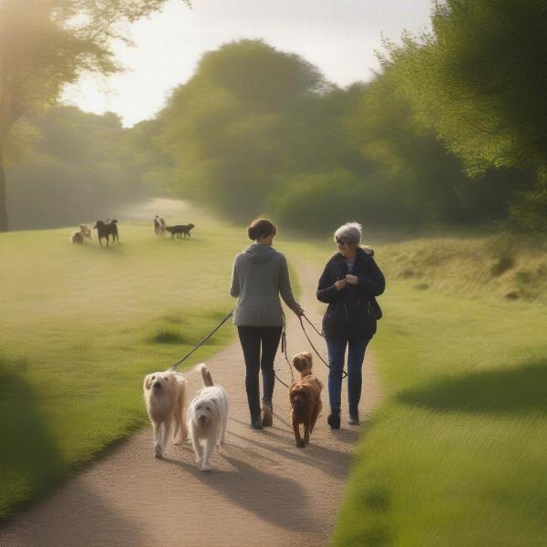 Dog walker with multiple dogs in the countryside